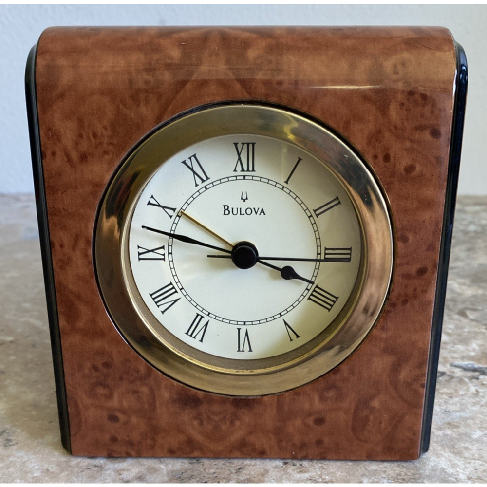 Bulova Desk Mantle Alarm Clock Brown Marble 5" X 4" Inch Vintage Working